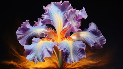 A radiant iris flower, its petals capturing light, growing in a pot with a shimmering finish.