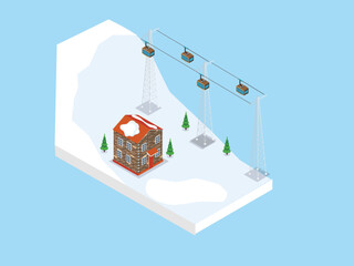 Ski resort lift on cableway, house, chalet, winter mountain evening and morning landscape, snowy peaks and slopes isometric 3d vector illustration concept