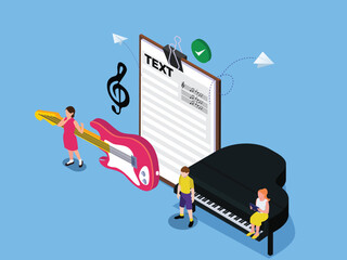 Piano and electric guitar music lesson for children isometric 3d vector illustration concept