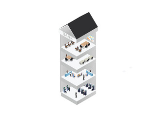 Interior of bank building with customer services, atm machines, and staff meeting isometric 3d vector illustration concept