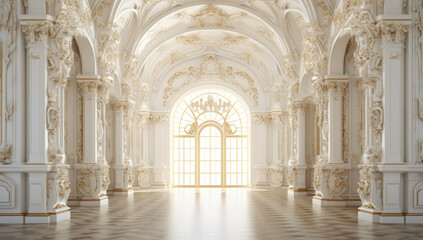 Obraz premium Luxurious royal interior, light walls decorated with stucco molding, expensive chandelier on the ceiling and white and large windows.