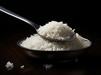 rice in wooden spoon, food concept