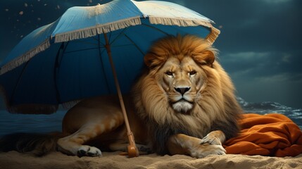 A regal lion lounging under an oversized umbrella, appearing out of place yet entirely at ease.