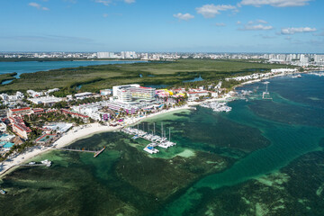 Aerial view of Carebbean sea coast in Cancun, Mexico