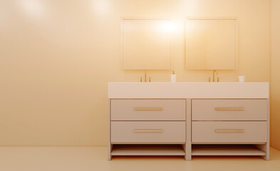 Modern bathroom including bath and sink. 3D rendering.. Sunset.