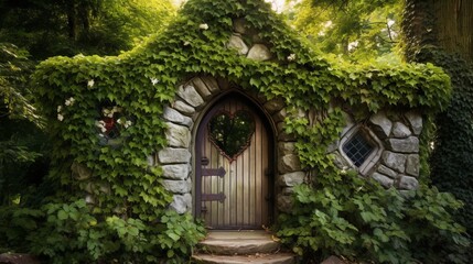 A rustic heart-shaped door embedded within an ivy-covered stone wall, leading to a secret garden...