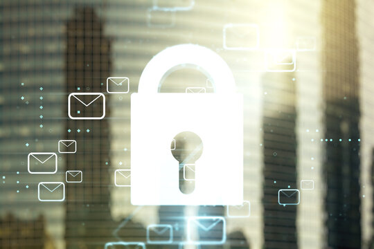 Abstract virtual lock symbol and postal envelopes illustration on office buildings background. Protection and firewall concept. Multiexposure