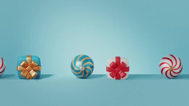 Christmas tree balls and gift boxes roll pushing each other on a blue background. Christmas and New Year concept. 3D render. Seamlessly looped video.