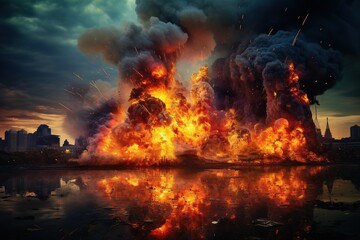 A massive explosion in the city with towering columns of smoke and fire against a sunset backdrop. The concept of wars and destruction. - obrazy, fototapety, plakaty