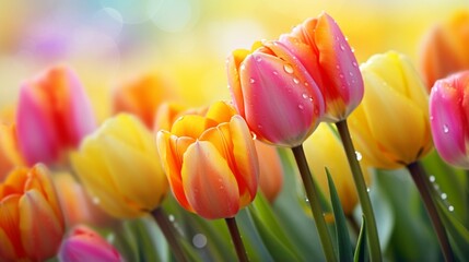 tulips in the garden with water drop on flowers generated by AI tool  - obrazy, fototapety, plakaty