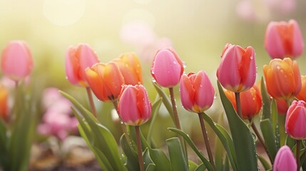 tulips in the garden with water drop on flowers generated by AI tool 