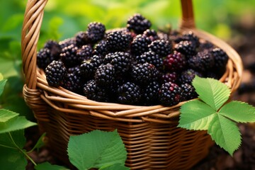 Fototapeta na wymiar Wicker basket with ripe blackberries outdoors closeup. Vegetarian delicious summer food. Generate Ai
