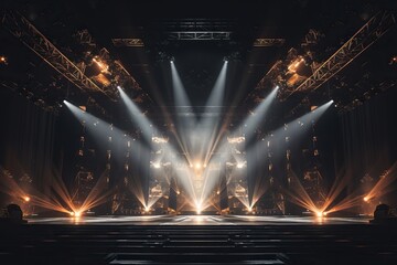 Illuminated spotlights on a concert stage in a dark room. - obrazy, fototapety, plakaty