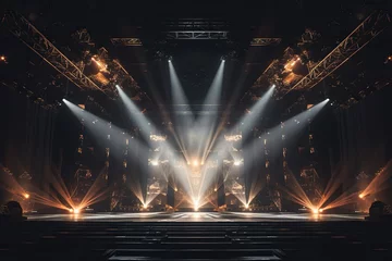 Gordijnen Illuminated spotlights on a concert stage in a dark room. © volga