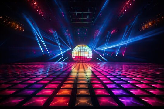 Colorful dance hall with a shimmering disco ball and beams of light.