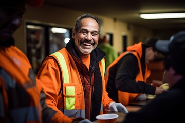 An adult dark-skinned male in an orange reflective vest happily smiling indoors.