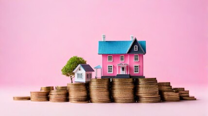 コインの山とモデルハウス、富と資産のコンセプト、カラー背景｜A pile of coins and a model house. Wealth and assets concept. color background. Generative AI