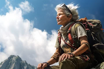 Tuinposter An elderly silver-haired woman with glasses and a backpack sits atop a mountain peak, gazing into the distance. © volga