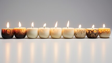 A sequence of tealight candles, each lit sequentially, showcasing the progression of wax melting, set elegantly against a white background. - obrazy, fototapety, plakaty