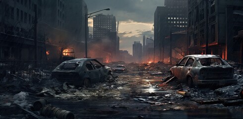 City in ruins with demolished buildings, desolate streets, burning fires, and scattered cars following a catastrophe. The concept of wars and destruction. - obrazy, fototapety, plakaty
