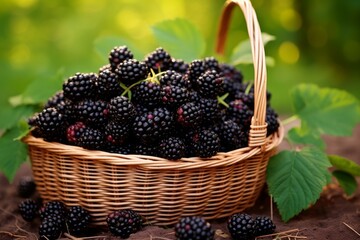 Fototapeta na wymiar Wicker basket with ripe blackberries outdoors culture. Sweet farm fruit leaves. Generate Ai