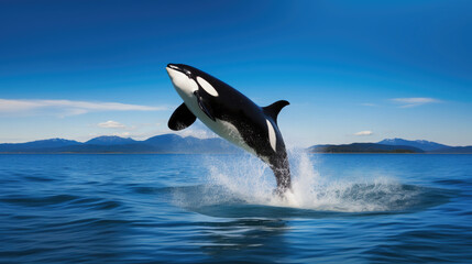 Fototapeta premium black and white killer whale emerges from the water against the backdrop of the sea and blue sky, orca, mammal, wild animal, tourism, Alaska, Greenland, Norway, coast, mountains, nature