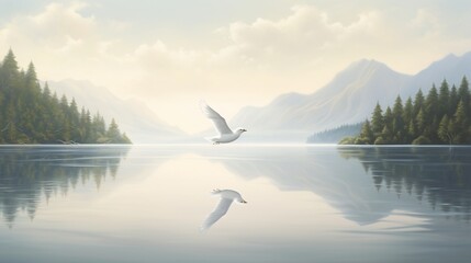 A serene landscape with a white bird gracefully gliding over a calm lake, its reflection perfectly mirrored below.