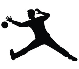 Black silhouette of a professional handball goalkeeper who jumps in the splits and catches the ball