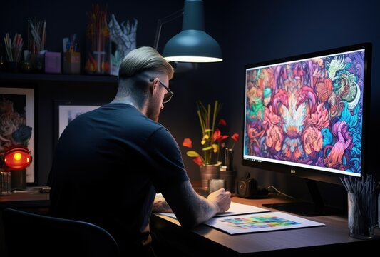 Illustration designer artist at his Graphic design studio