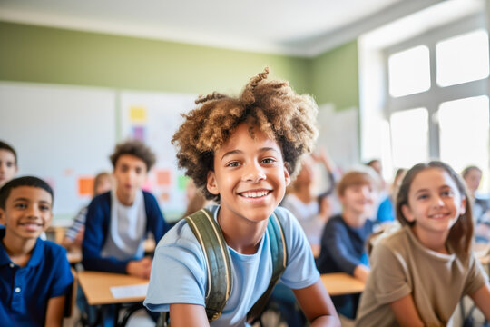 Learning, education and studying. Cute smiling afro american schoolboy in classroom. Development and happy kid. Concept of diversity children in classroom and pleasure education