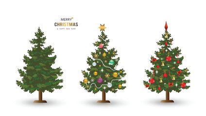 Set of vector drawings Christmas trees with and without decorations and an example of a greeting inscription for Christmas and New Year banners, posters, greeting cards design.