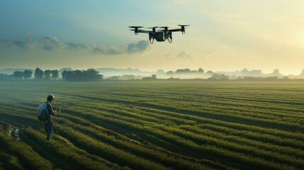 Fototapeta na wymiar Flying Drone in rice field