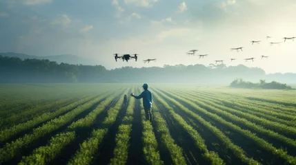 Deurstickers Man Flying Drone in rice field © jambulart