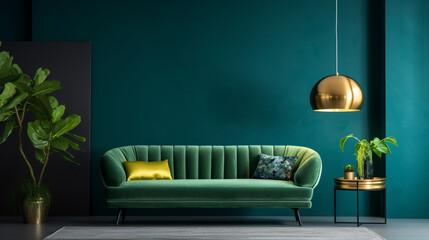 Bright and cozy modern living room interior with green sofa and decoration room on empty dark blue wall background.