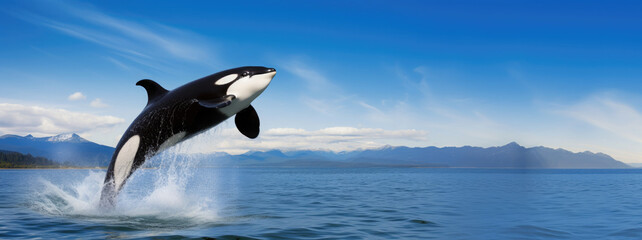 Fototapeta premium black and white killer whale emerges from the water against the backdrop of the sea and blue sky, orca, mammal, wild animal, tourism, Alaska, Greenland, Norway, coast, mountains, nature