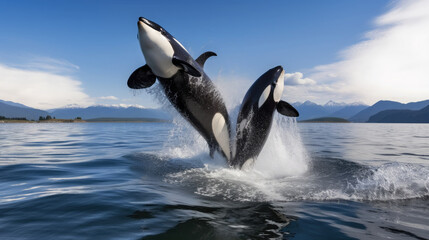 black and white killer whale emerges from the water against the backdrop of the sea and blue sky, orca, mammal, wild animal, tourism, Alaska, Greenland, Norway, coast, mountains, nature