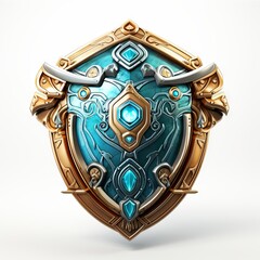 3D shield with a fantasy theme, including magical runes and symbols, isolated on white background