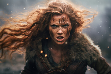 Portrait of female viking woman on battle field - obrazy, fototapety, plakaty