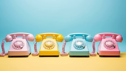 Row of pastel colored retro telephones 