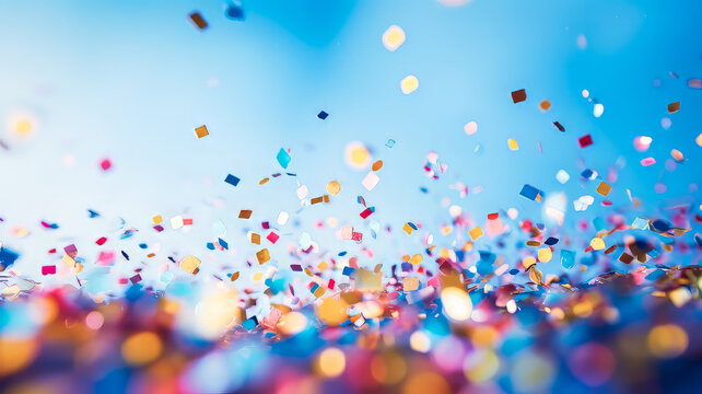 Confetti Explosion.  Generated Image.  A digital rendering of a lot of colorful confetti exploding in a macro view.