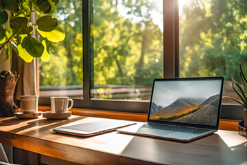 Sustainable workplace with open laptop, cup of coffee and plants on wooden table near big window with sunny garden background. Comfortable, cozy eco friendly home workplace for online work