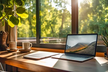 Fotobehang Sustainable workplace with open laptop, cup of coffee and plants on wooden table near big window with sunny garden background. Comfortable, cozy eco friendly home workplace for online work © KRISTINA KUPTSEVICH