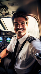 Handsome young pilot is looking at camera and smiling while sitting in airplane cockpit