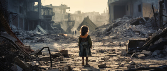 Girl in the ruins of a city. The girl looks at the destroyed building. - obrazy, fototapety, plakaty