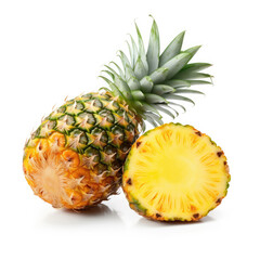 Whole and half pineapple on white background