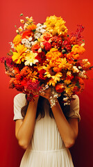 Beautiful girl with a bouquet of flowers on a red background