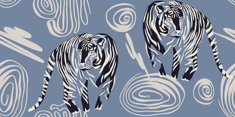 Tigers seamless pattern. Creative collage pattern. Fashionable template for design.
