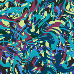 Retro design Abstract geometric wavy marble slab texture Blue, yellow, purple, green, black colors