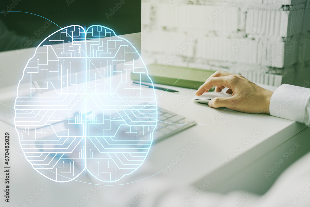 Poster double exposure of creative human brain microcircuit with hand typing on computer keyboard on backgr