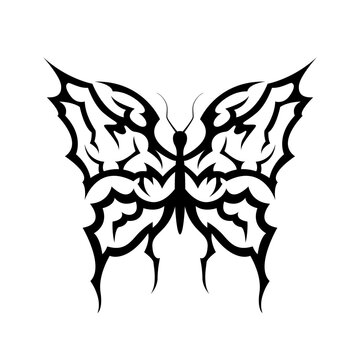 Tribal shape of black butterfly. Gothic insect tattoo design. Trendy y2k and 90s silhouette stencil. Ethnic vector graphic.